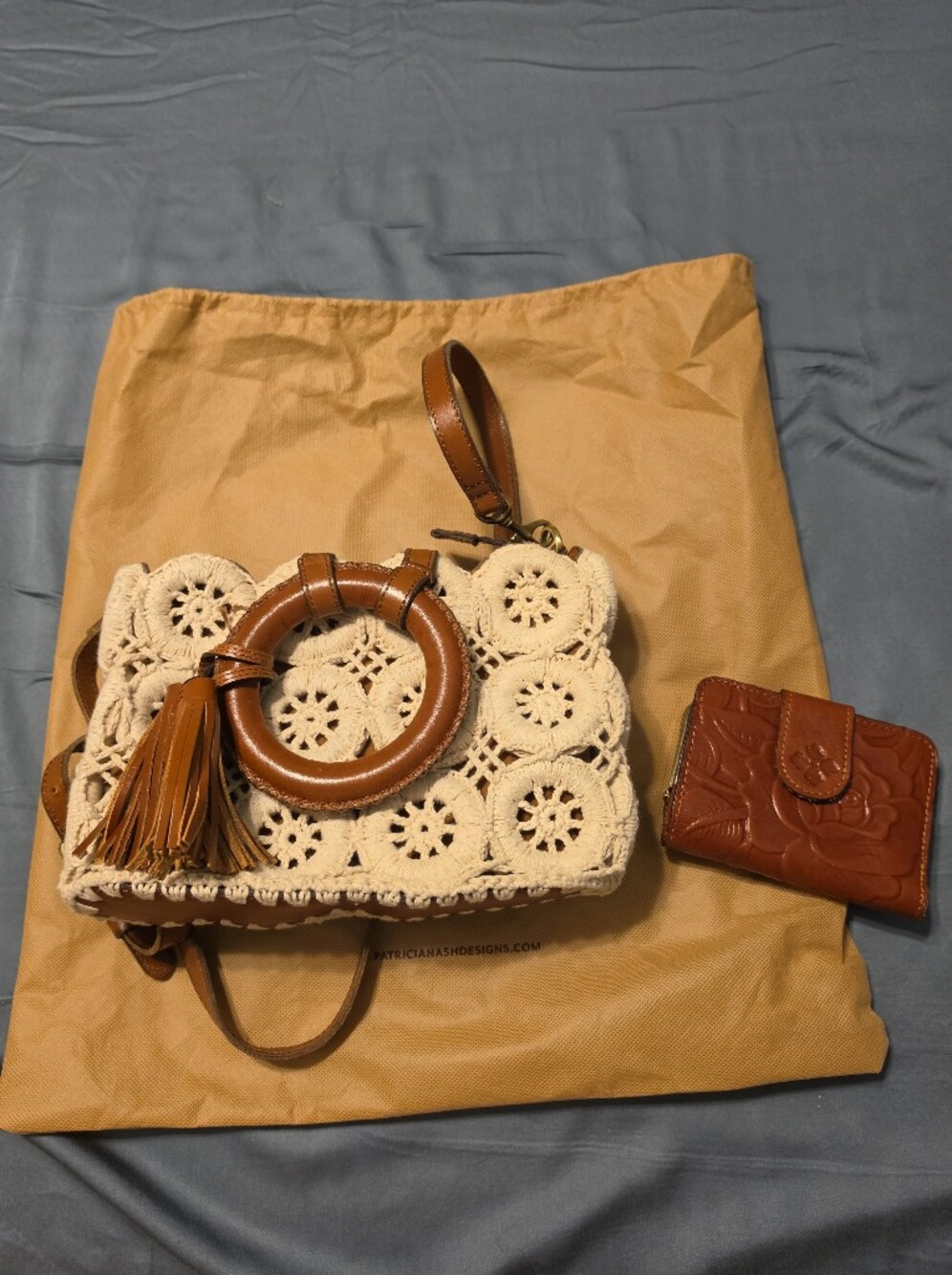Patricia Nash Crochet and Leather Satchel with Rose-embossed Leather Wallet EUC